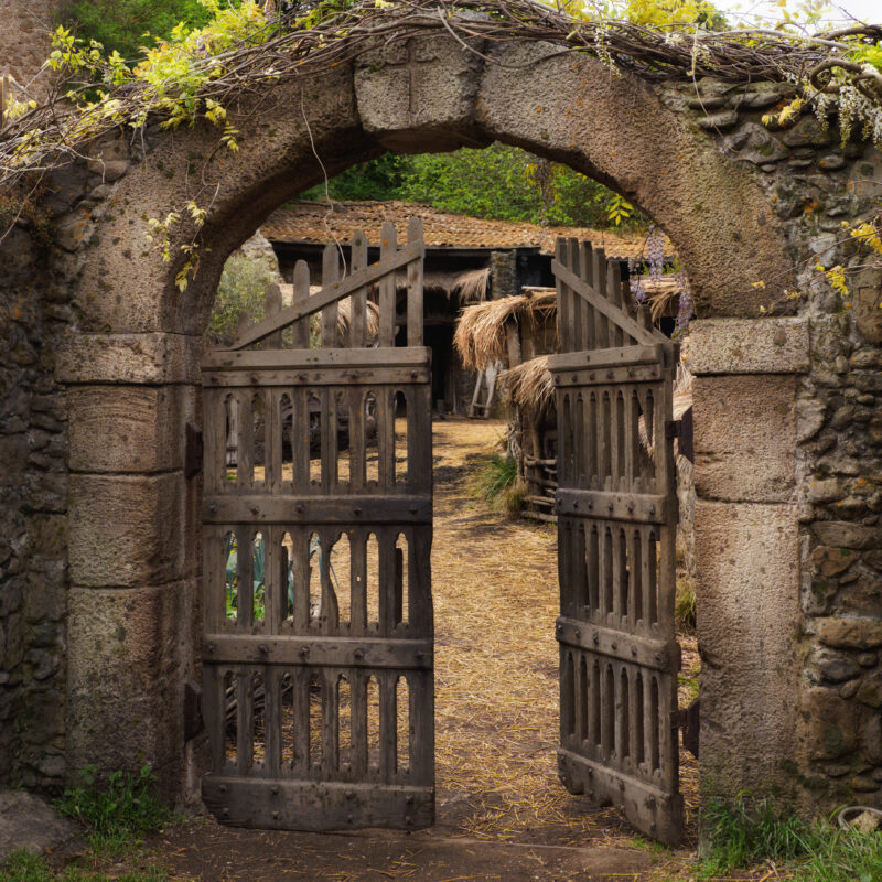 Portale rustico in legno di una fattoria con arco in pietra lavica e glicine