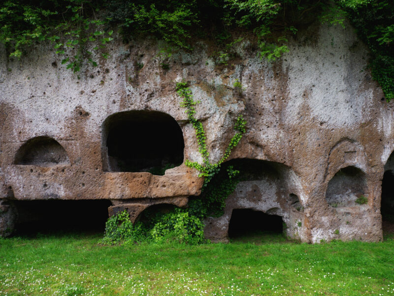 Tombe etrusche scavate nella roccia tufacea con vegetazione rampicante a Sutri