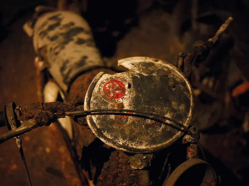 Vecchia moto impolverata e arrugginita nella napoli sotterranea