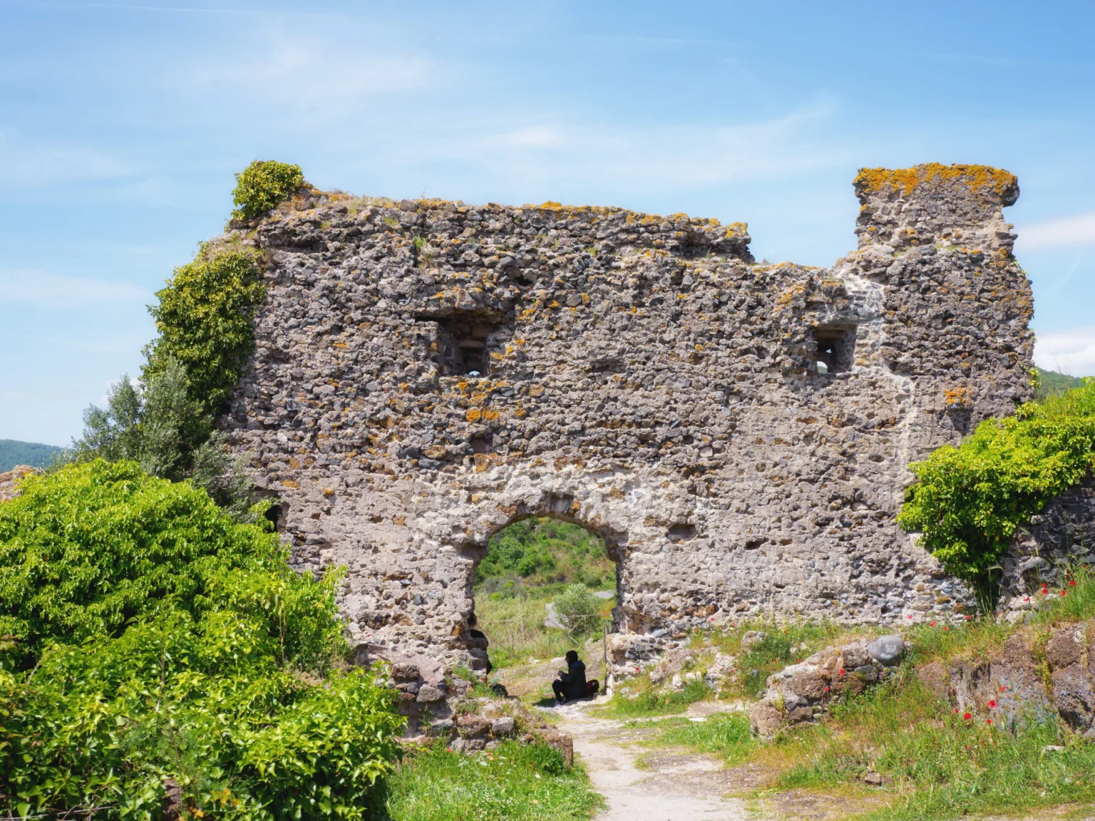 Ruderi di Rocca Orsini tra la vegetazione con vista sul lago a Trevignano Romano
